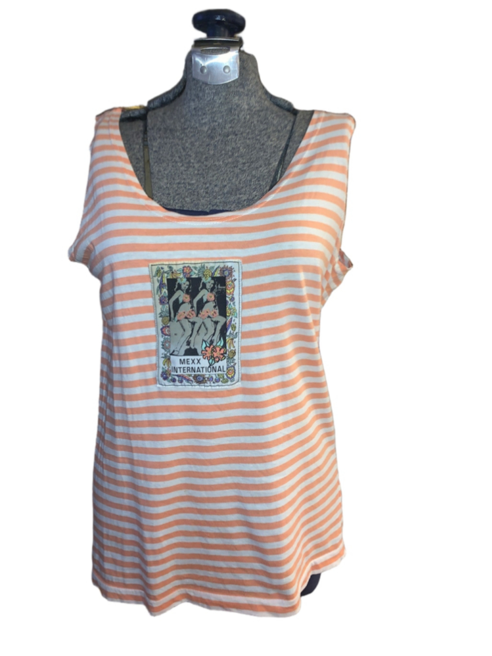 Women's Mexx Tank Top Size M White and Orange Striped Graphic imperfect